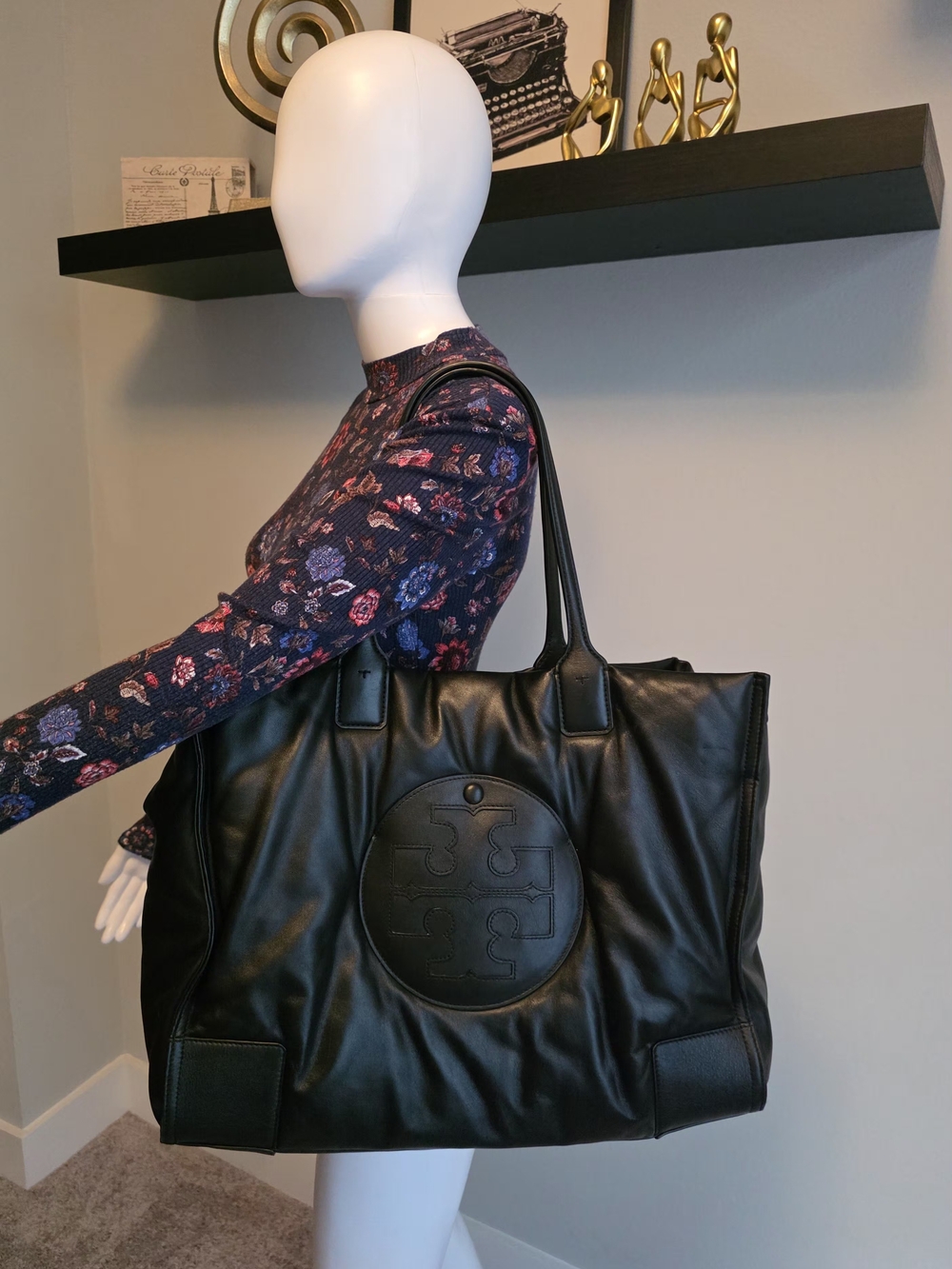 Tory Burch Black Leather Tote with Signature Logo